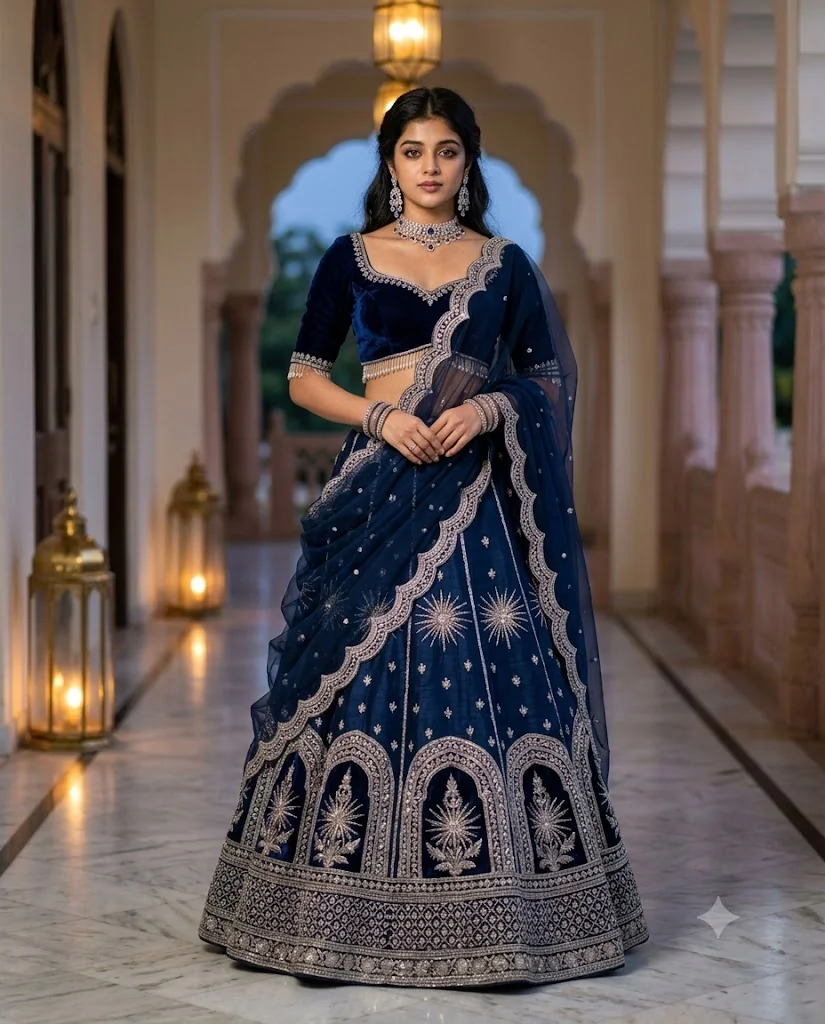 Woman in Midnight-Navy and Antique Silver Velvet Lehenga Portrait Prompt