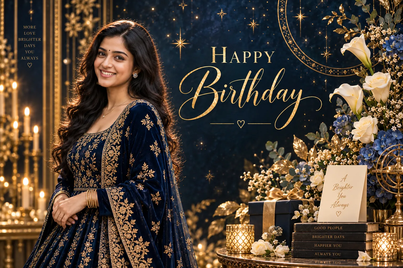 Midnight blue velvet anarkali poster with gold constellation curves created from Birthday Prompts.