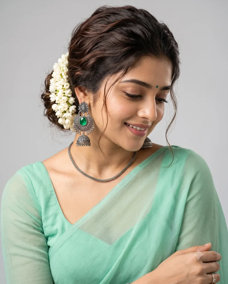 Gemini Green Saree Prompt generating a cinematic portrait of a young Indian woman wearing oxidized jewelry and fresh jasmine.