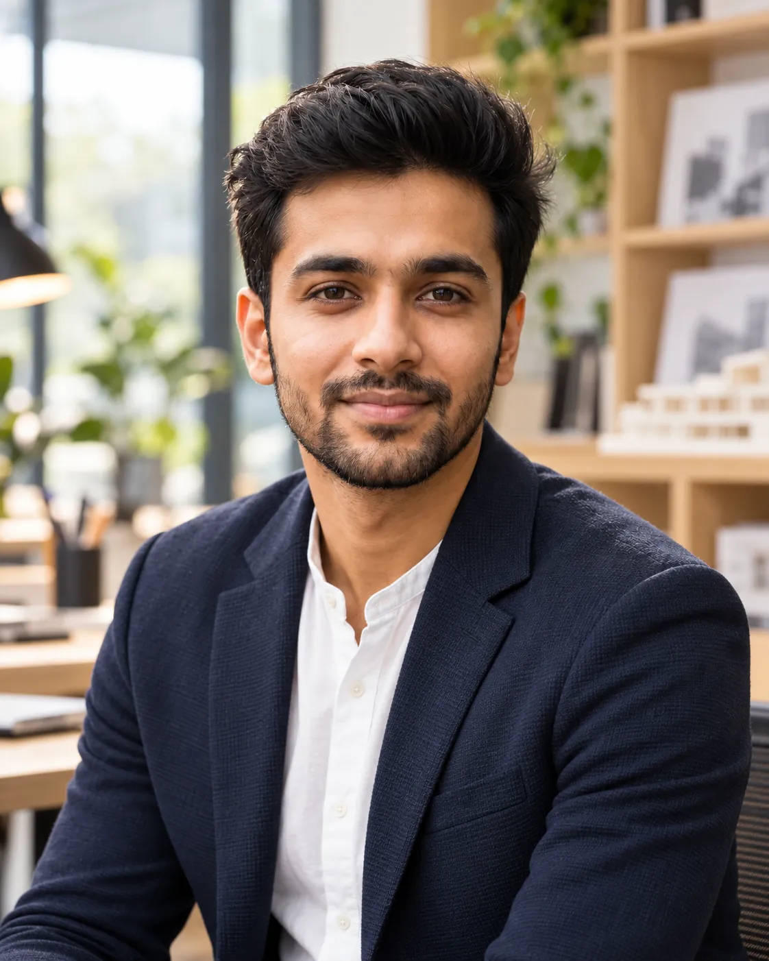 A professional headshot of a man in a navy blazer over a collarless shirt, with a modern, blurred office background.