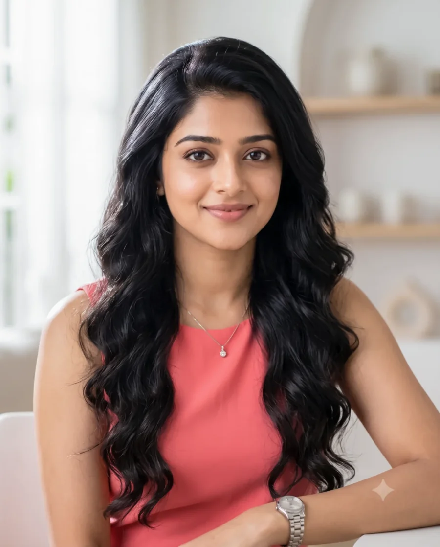 Modern Dress Prompt showing a South Asian woman in a coral top smiling in a bright, airy room with blurred background.