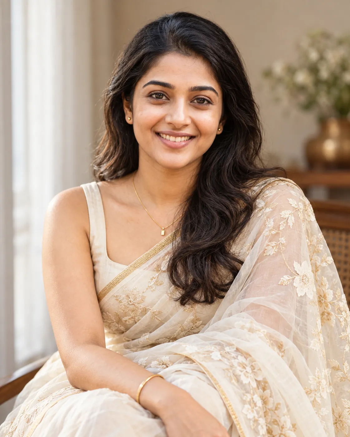 Photorealistic editorial studio portrait of a woman wearing an ivory silk organza saree
