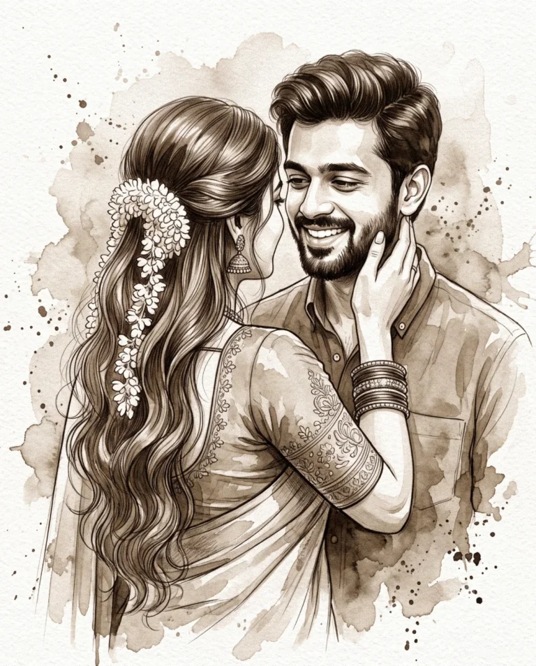 A romantic sepia watercolor couple portrait of a smiling Indian man and woman adorned with jasmine flowers.