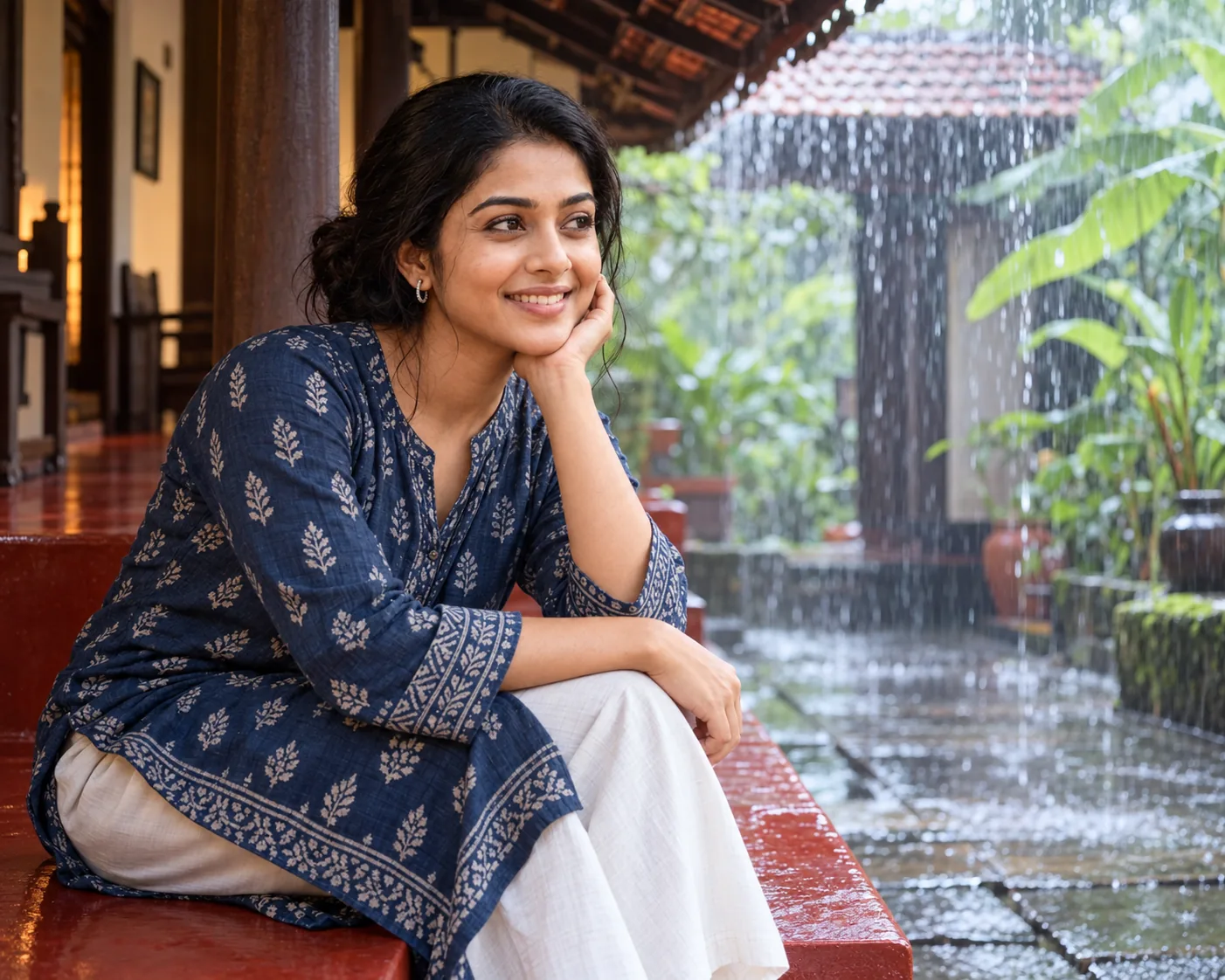 Atmospheric portrait of a South Asian woman sitting on a traditional red oxide veranda during monsoon rain