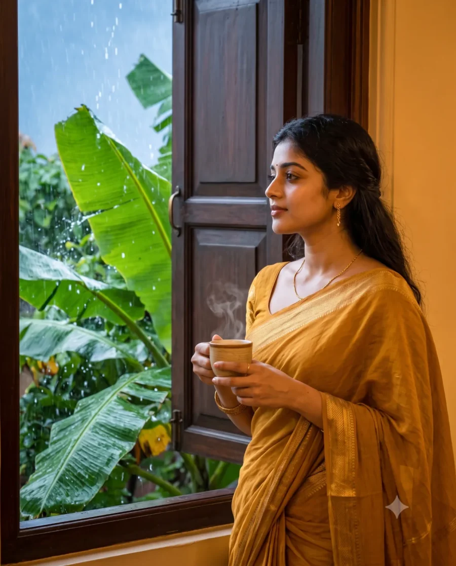 A woman looking out a rainy window holding chai generated using this Yellow Saree Prompt.