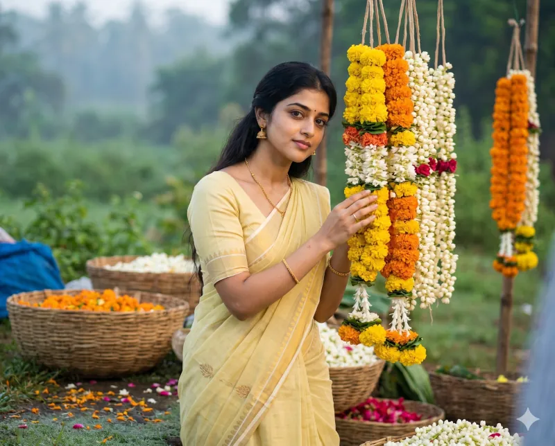 A woman in a pale yellow saree at a flower market, demonstrating soft, natural daylight AI portrait lighting with realistic skin tones.