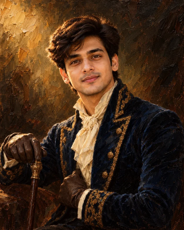 Impasto Oil Painting Portrait of a man in a Prussian-blue velvet coat holding a brass walking cane under chiaroscuro light.