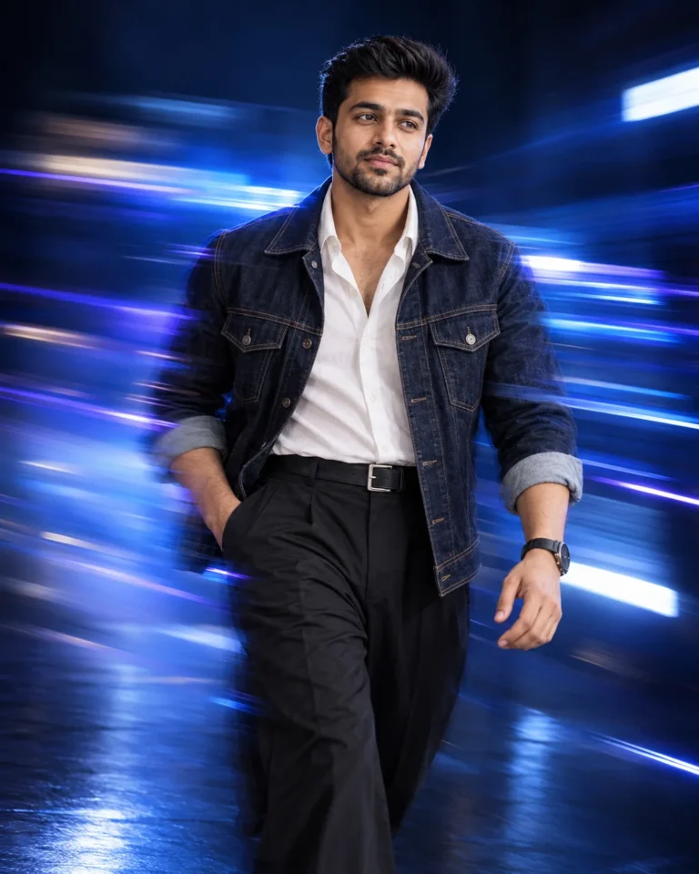Man in denim jacket stepping forward in a fashion editorial portrait with glowing neon trails.