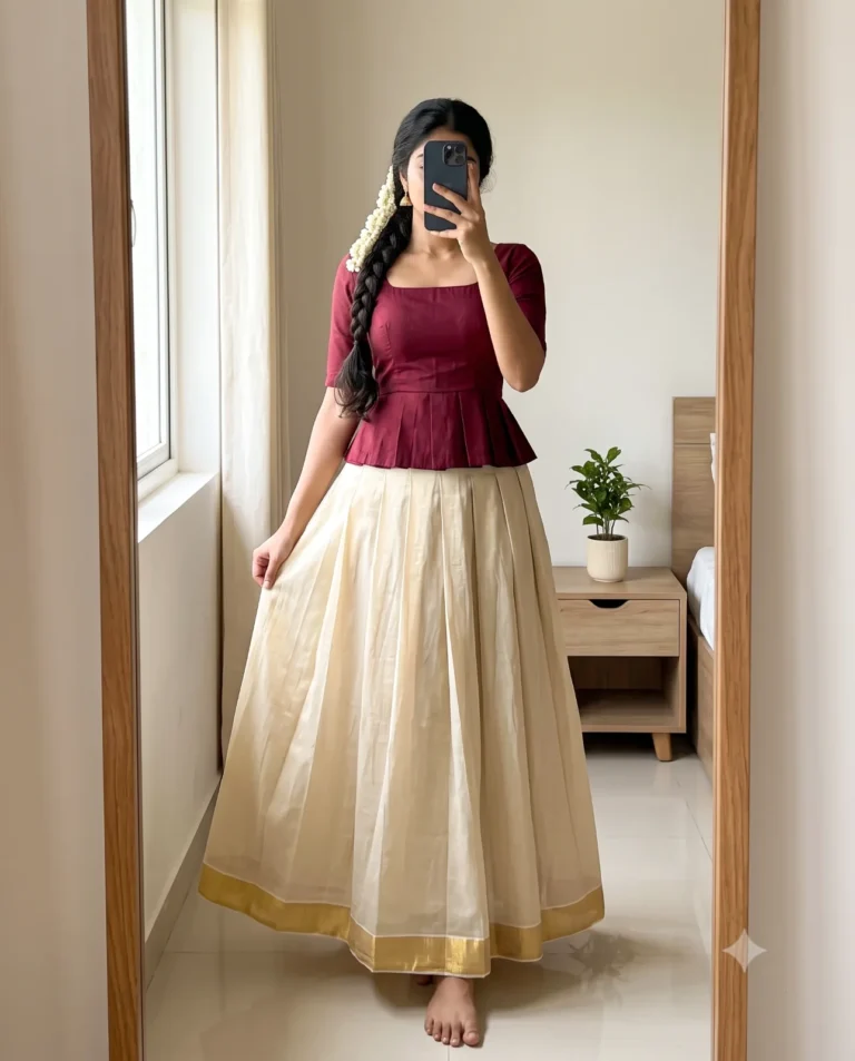 A stylish woman in elegant ivory and gold Onam attire in a minimal bedroom, created with a mirror selfie photo prompt.