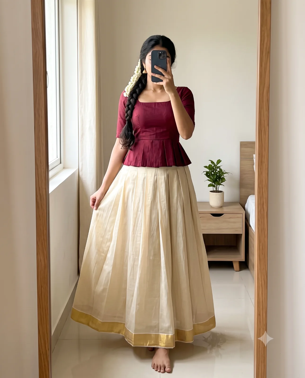 A stylish woman in elegant ivory and gold Onam attire in a minimal bedroom, created with a mirror selfie photo prompt.