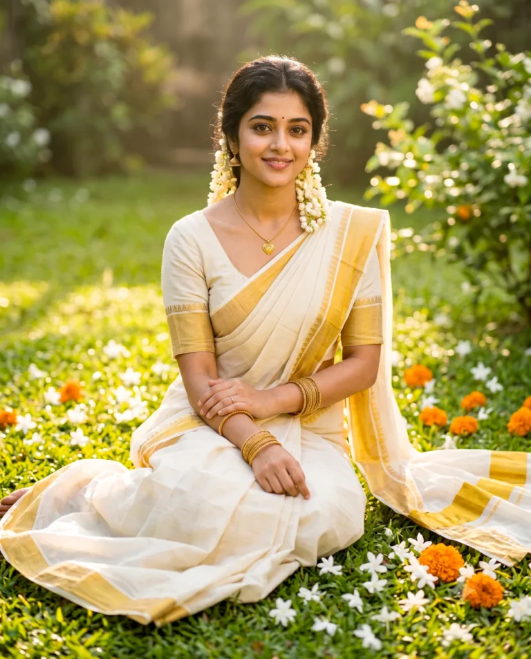 An Onam Kasavu Saree Prompt generating a woman smiling in a green garden surrounded by white and orange flowers.
