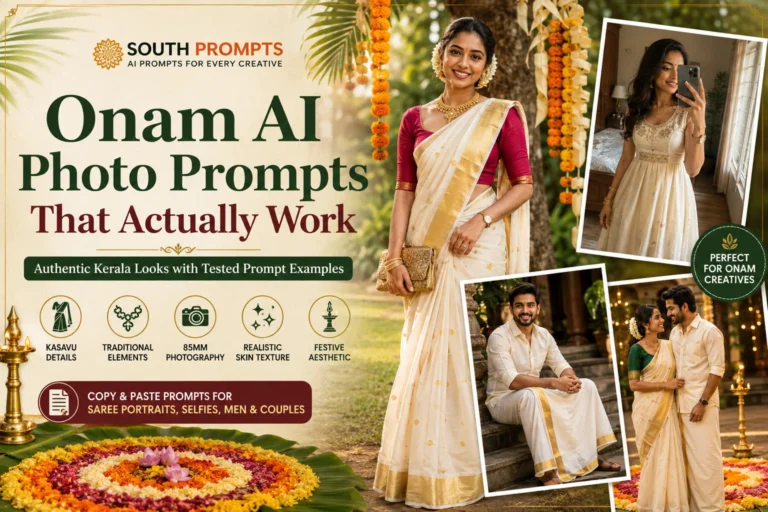 Onam prompt Guide for Gemini and ChatGPT. Learn how to generate Kerala Kasavu sarees, festive marigold decors, and traditional attire with authentic lighting and styling.