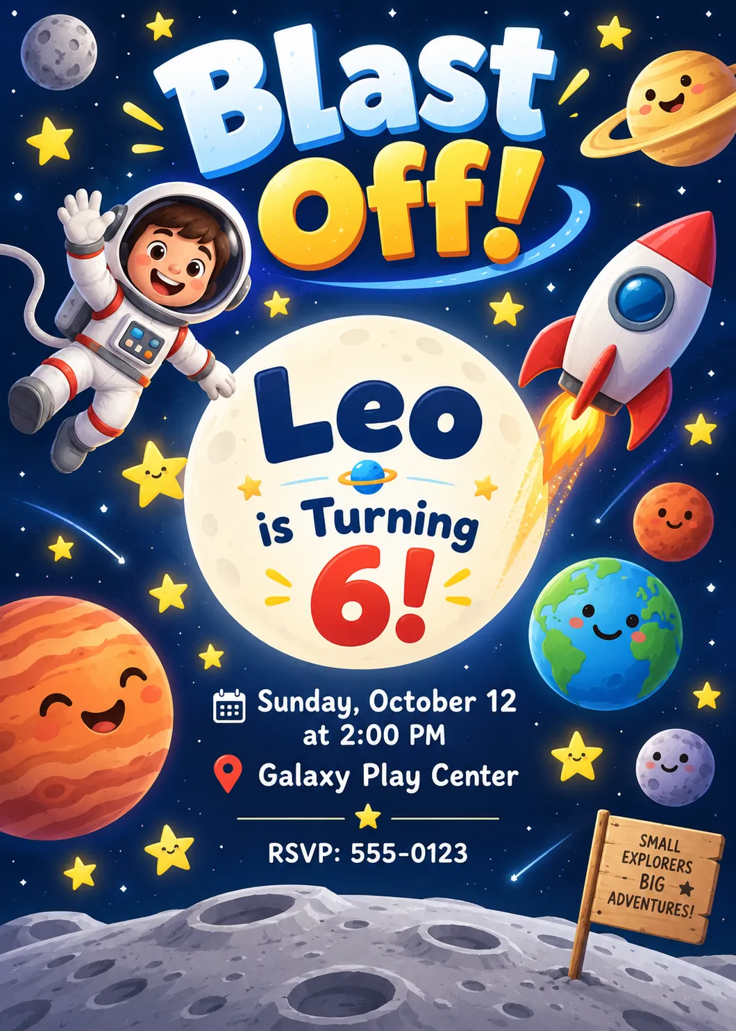 An outer space kids birthday invitation poster featuring a cartoon astronaut, rocket ship, and planets on a navy blue background.