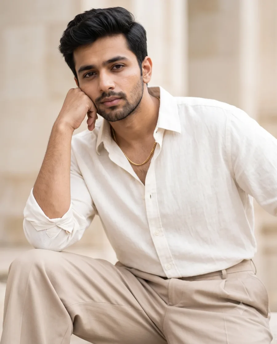 A relaxed fashion shot using a male portrait prompt featuring a man in a linen shirt against beige stone architecture.