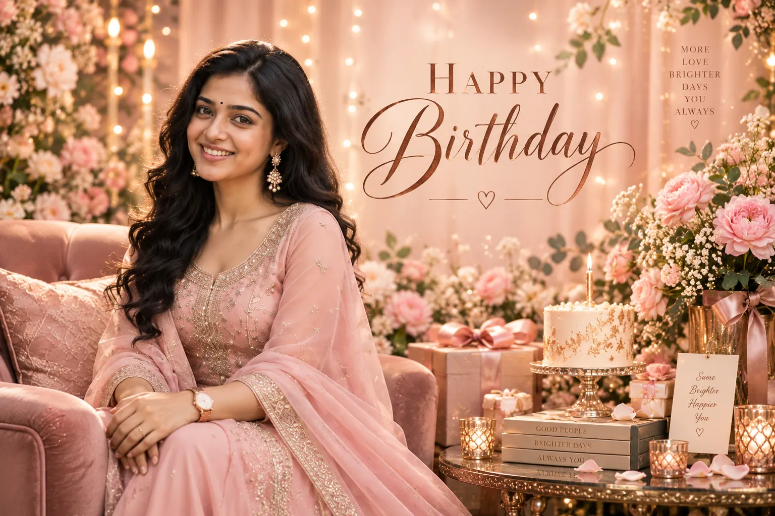 Pastel blush pink kurta poster with fairy lights and rose gold text generated from Birthday Prompts.
