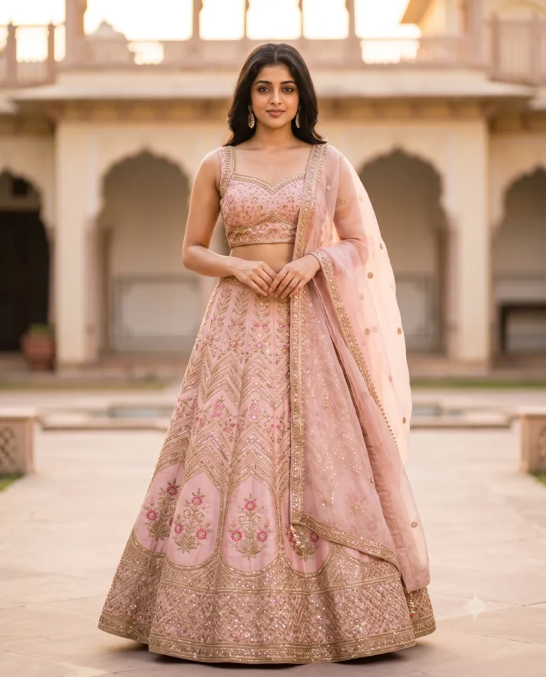 A lehenga fashion portrait of a woman wearing a pastel pink and gold silk outfit in a palace courtyard.