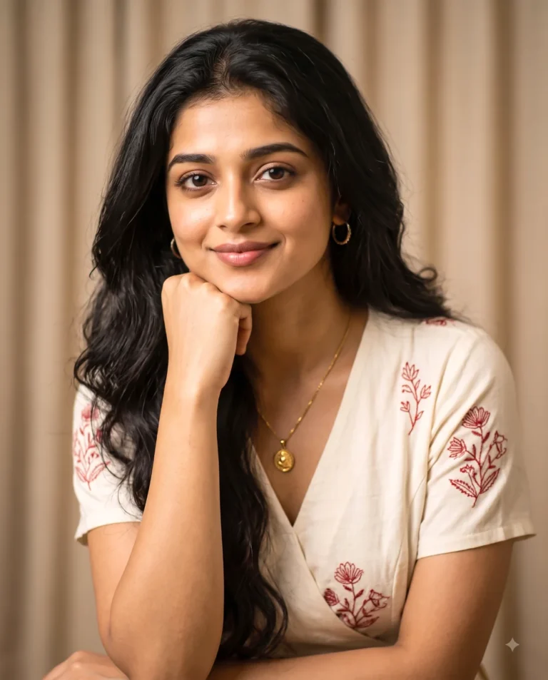 Photorealistic Studio Portrait of a woman with long wavy black hair wearing an ivory blouse against a beige backdrop.