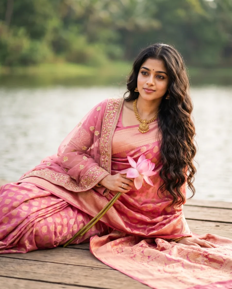Beautiful Gemini pink saree prompt portrait of a South Asian woman on a lakeside deck, soft warm daylight and dreamy mood.