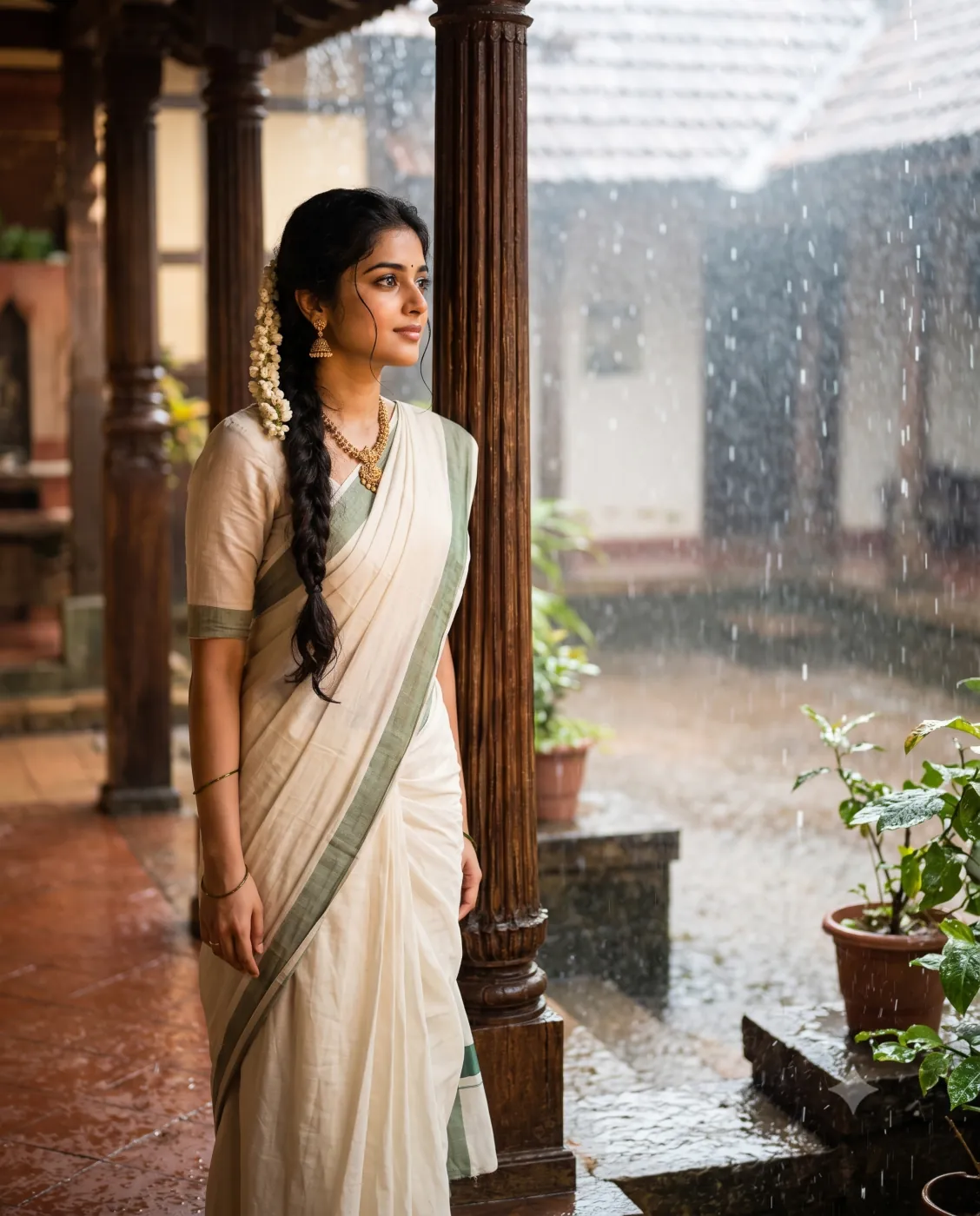 Monsoon AI prompt portrait of South Indian woman on rain veranda.