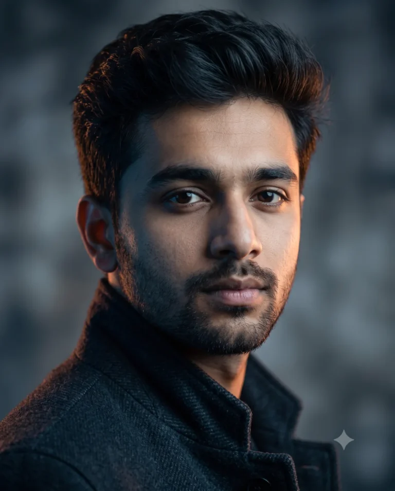 A moody Cinematic DP showing a confident portrait with high-contrast chiaroscuro lighting and a blurred bokeh background.