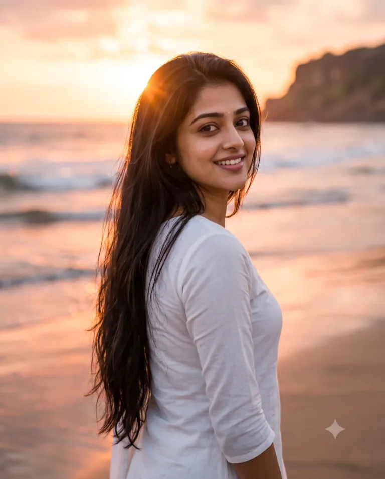 Young woman wearing a white churidar at golden hour, generated using the sunset beach prompt.