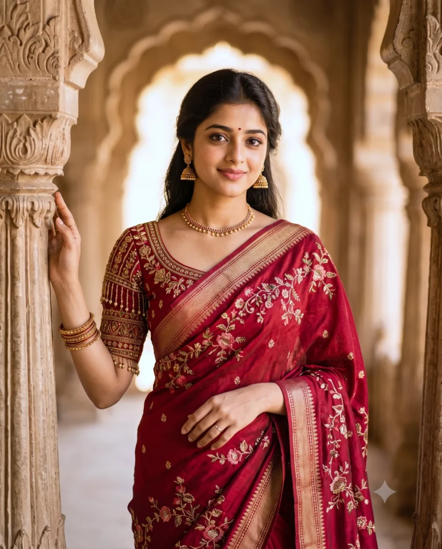 Red Saree Portrait of a young Indian woman wearing intricate gold jewelry in a warm stone palace corridor.