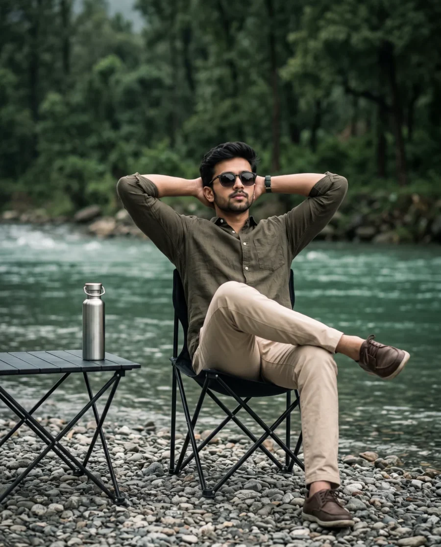 Outdoor photo prompt generating a relaxed young man sitting by a teal river with dense forest and creamy bokeh.