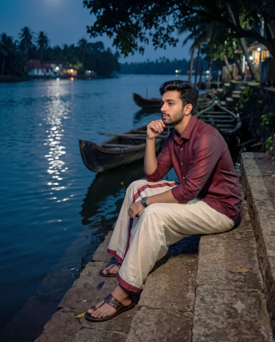 Traditional Outfit Prompt: A handsome man wearing a silk mundu sits thoughtfully by a calm, moonlit riverside at night.