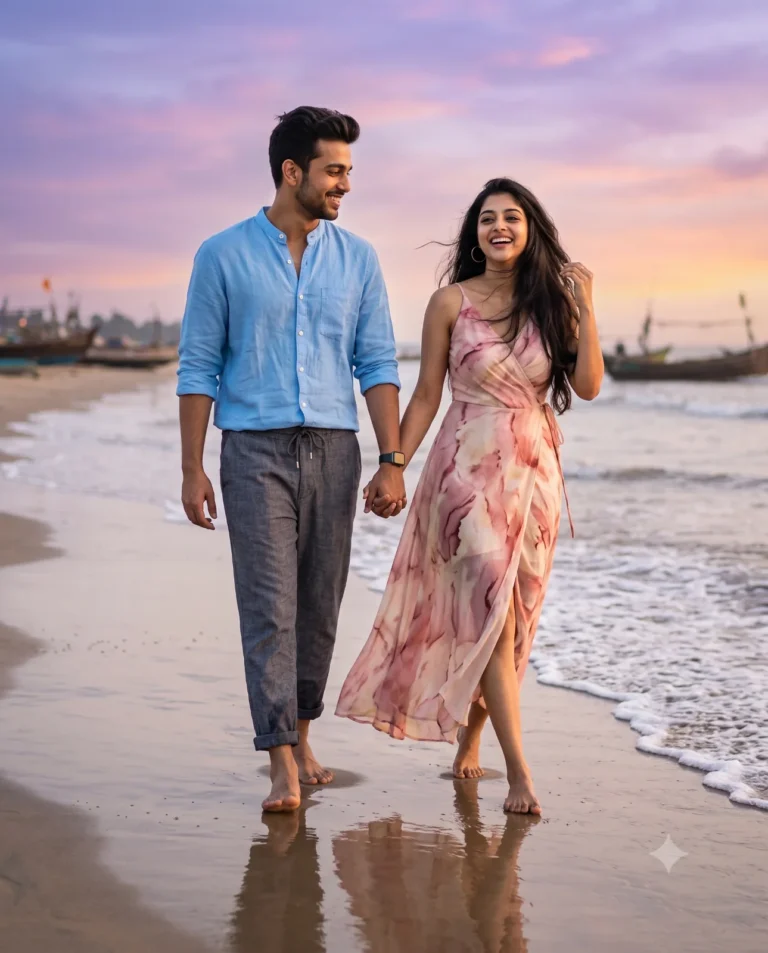 A coastal sunset couple portrait of a man in a linen shirt holding hands with a woman in a chiffon dress on the beach.