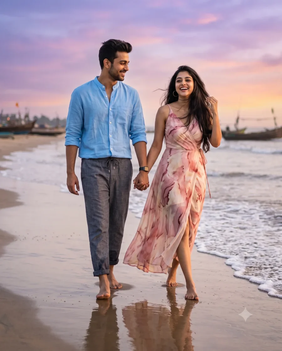 A coastal sunset couple portrait of a man in a linen shirt holding hands with a woman in a chiffon dress on the beach.