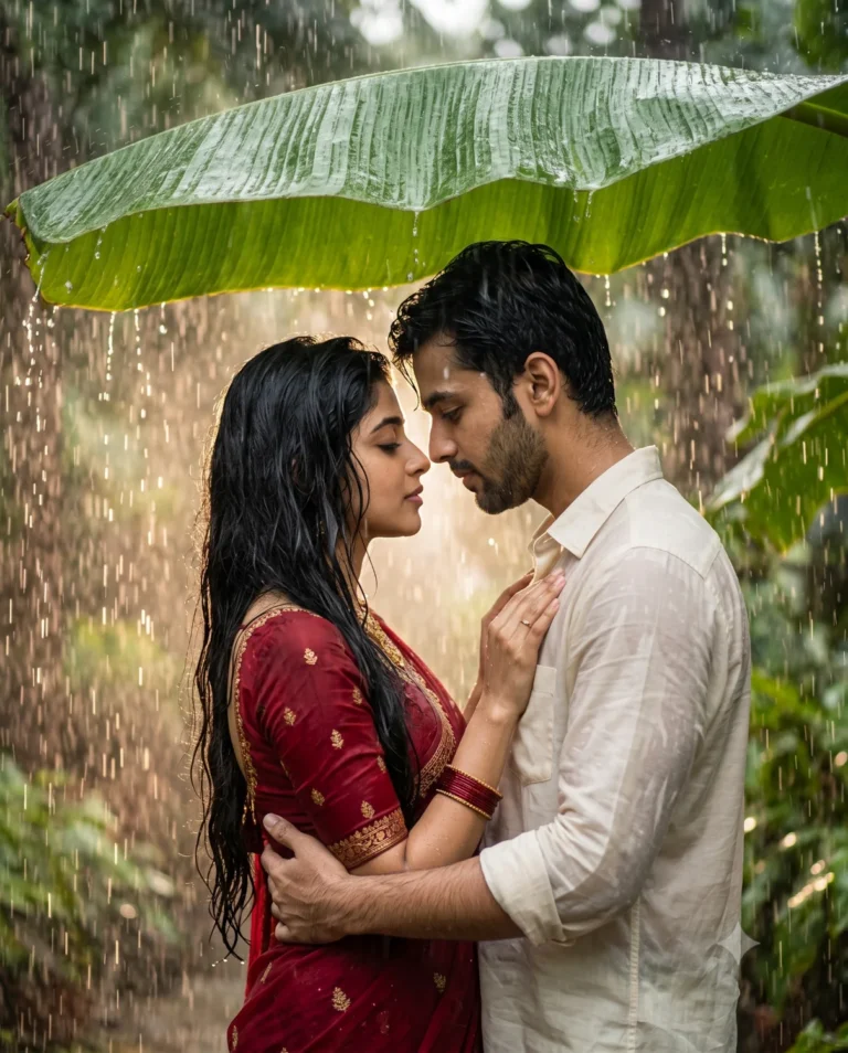 An Indian man and woman embracing in the rain under a banana leaf generated using this romantic couple prompt.