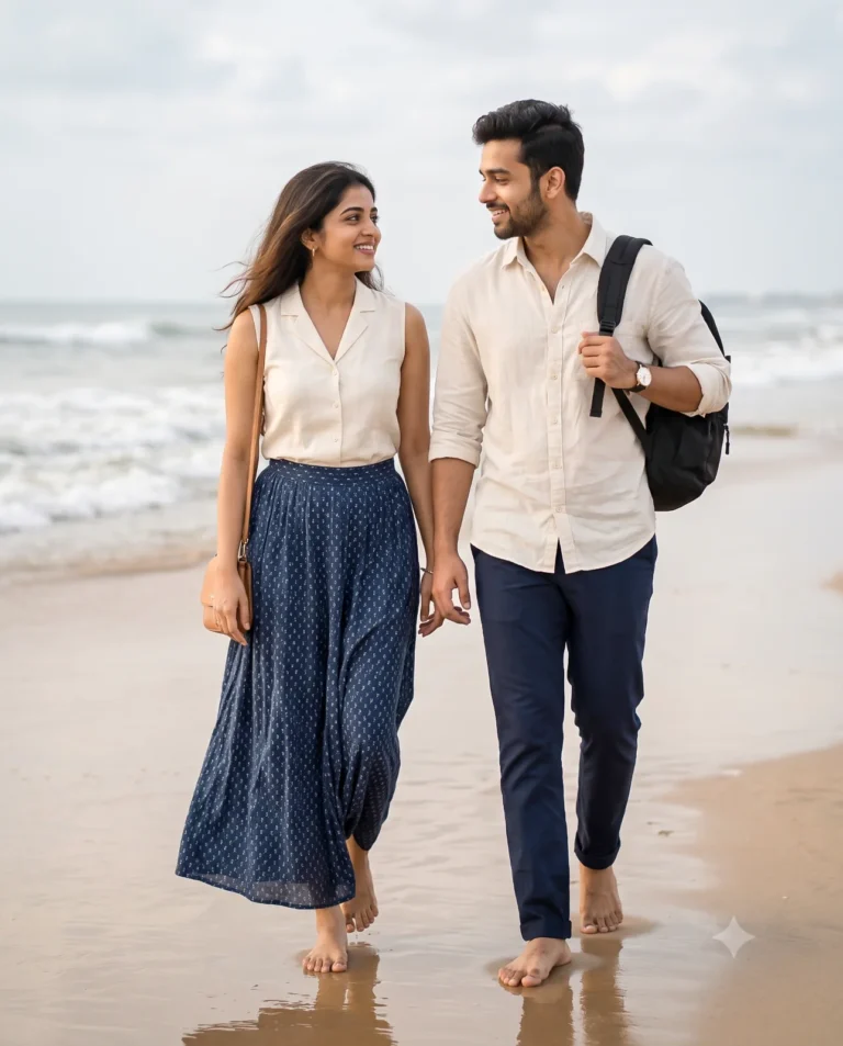 A Cinematic Beach Scene showing a smiling couple walking barefoot along the wet sand near the ocean.