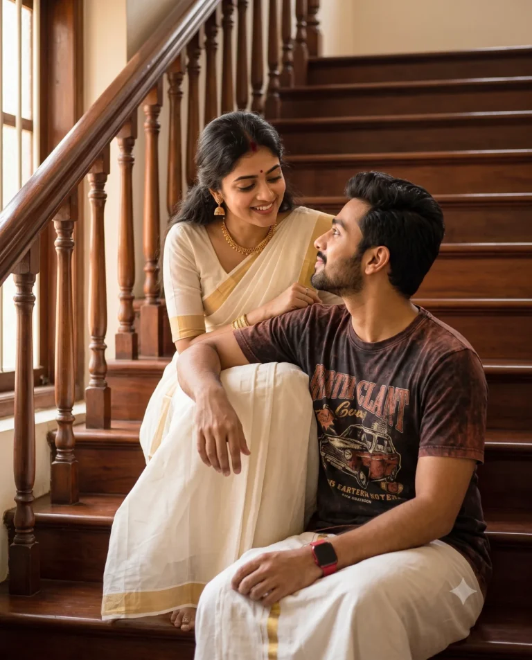 A couple sitting pose prompt generating a man and woman in traditional clothing smiling on a dark wood staircase.