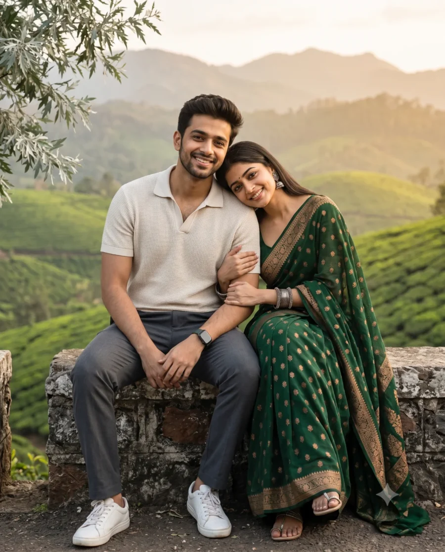 Couple Photoshoot AI Prompt sample showing a man and woman on a stone ledge overlooking sunset hills.