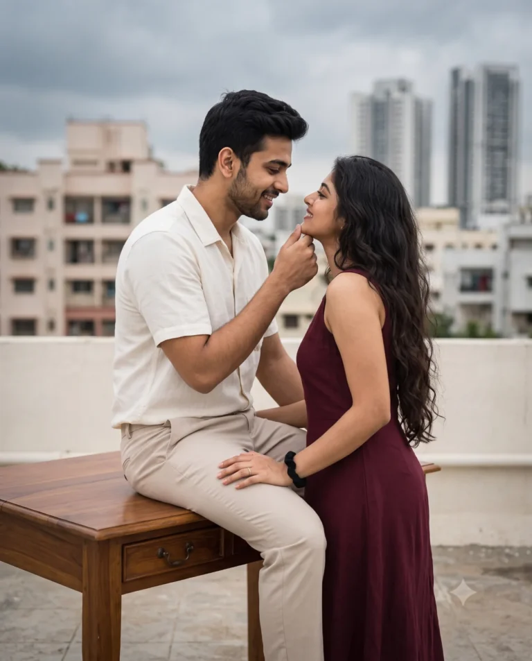 A photorealistic Romantic Rooftop Couple Portrait featuring a man and woman in elegant attire against an urban skyline.