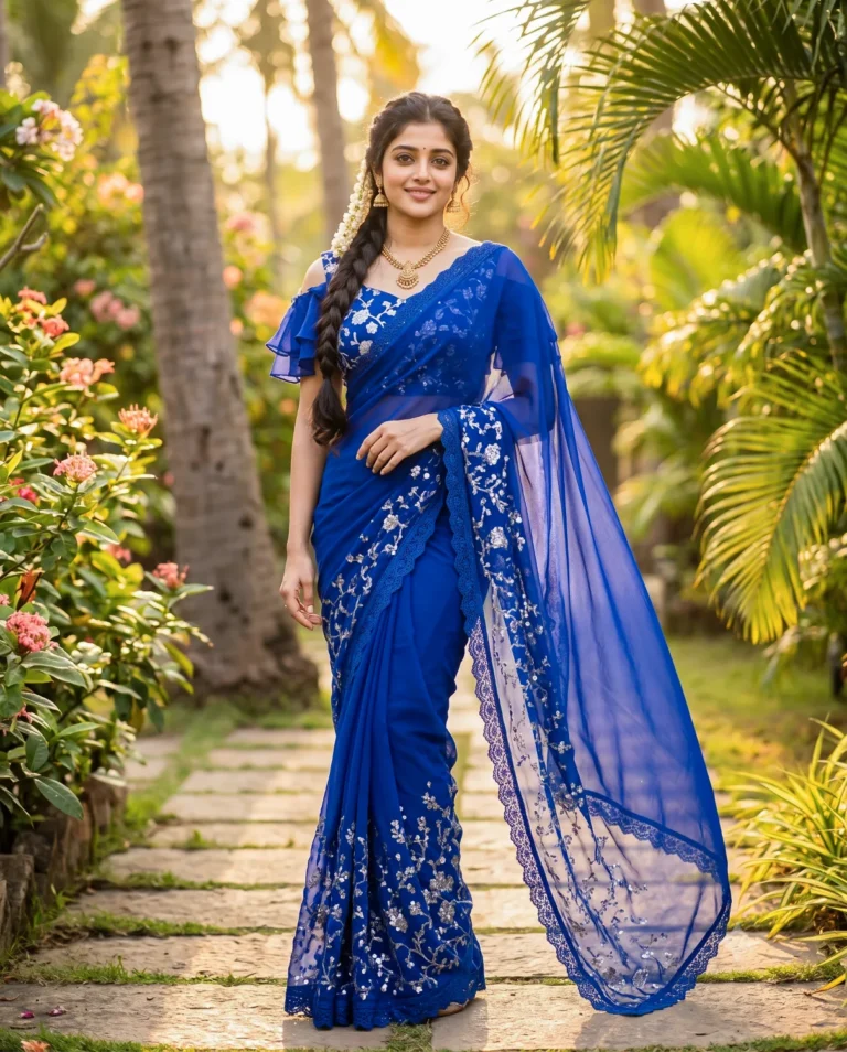 A beautiful royal blue saree portrait featuring a young woman standing in a lush tropical garden during golden hour.