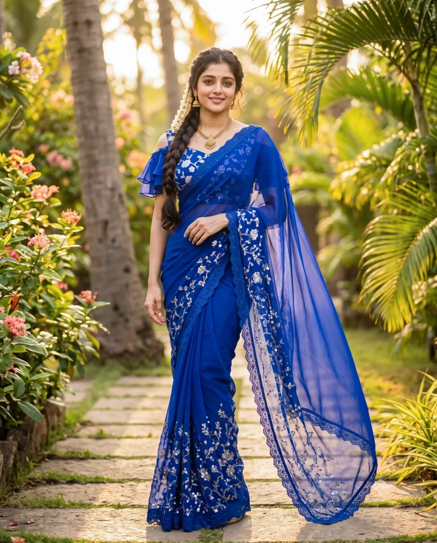 A beautiful royal blue saree portrait featuring a young woman standing in a lush tropical garden during golden hour.
