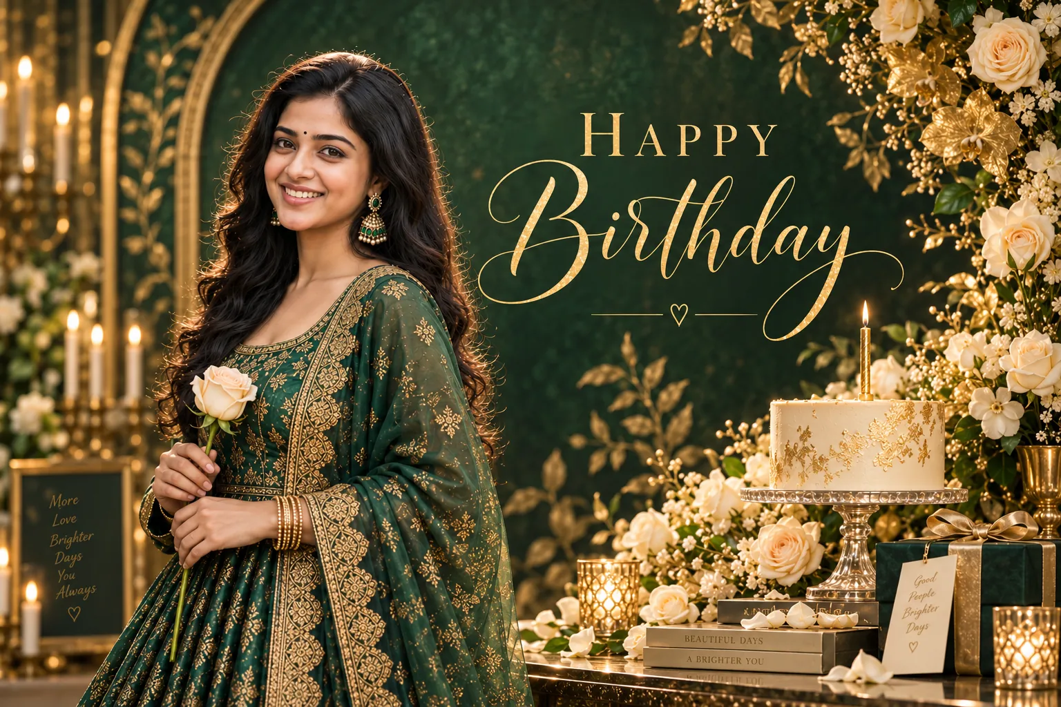 A woman in an emerald Anarkali gown and gold foil text created from Birthday Prompts.