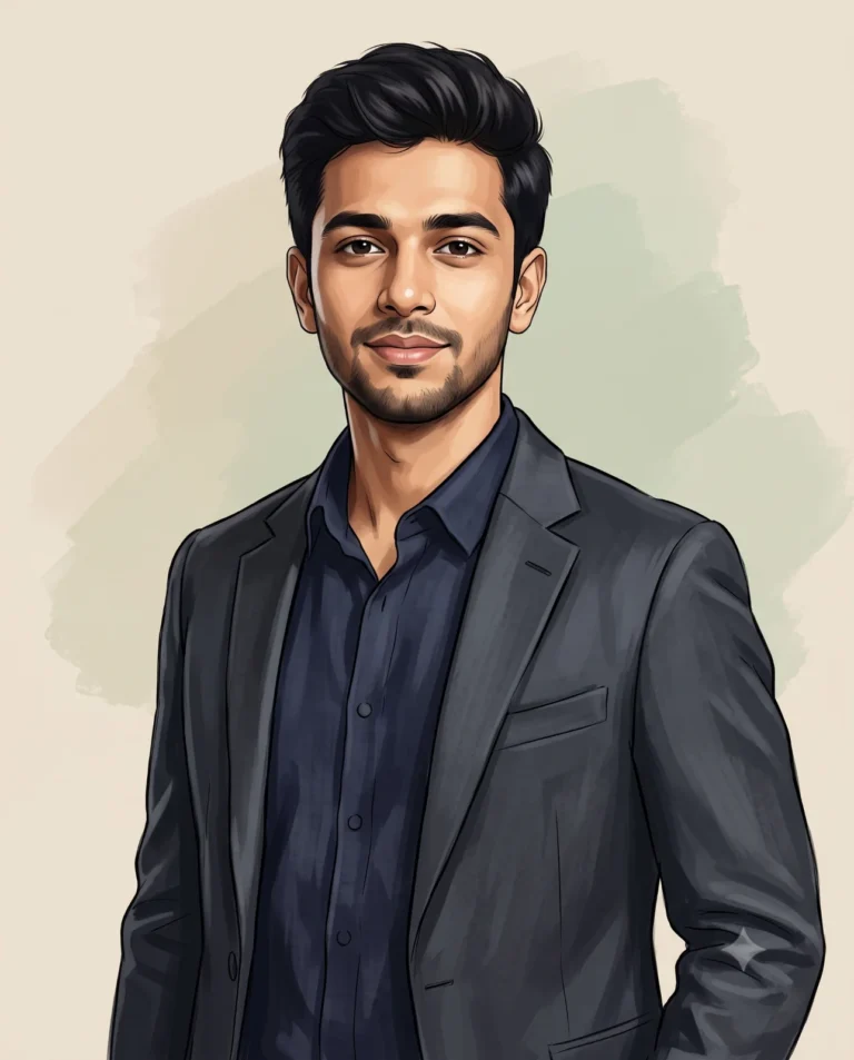 A semi-realistic digital art portrait of a confident man in a navy shirt with painterly brushstrokes.