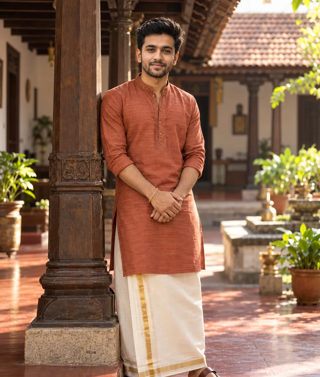A man in traditional Indian attire, a silk kurta and mundu, stands in an old-style house courtyard.