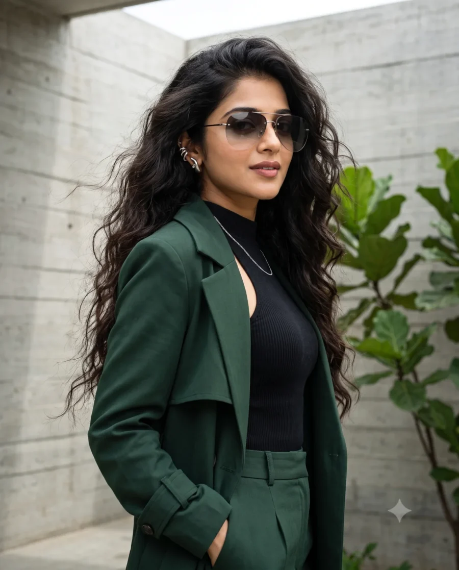 A high-fashion portrait of a woman in a green utility blazer posing against modern concrete walls.