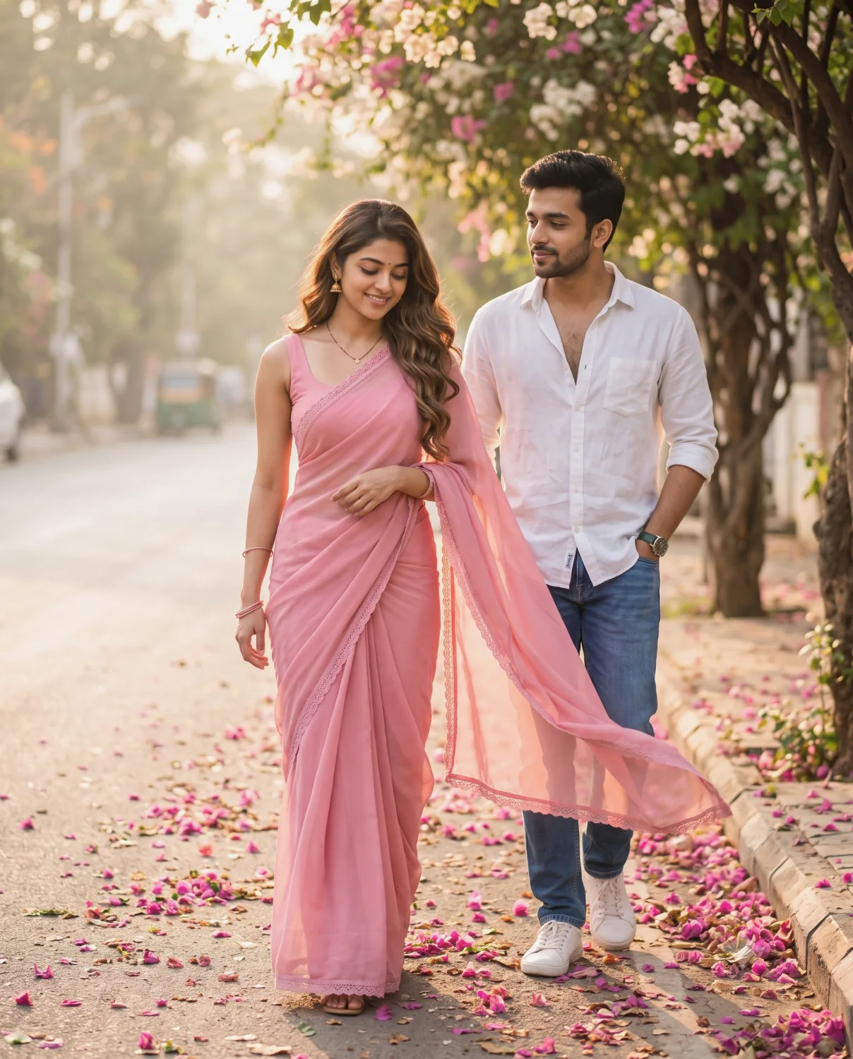 Cinematic couple portrait prompt generating a South Asian man and woman walking near fallen bougainvillea petals at sunset.
