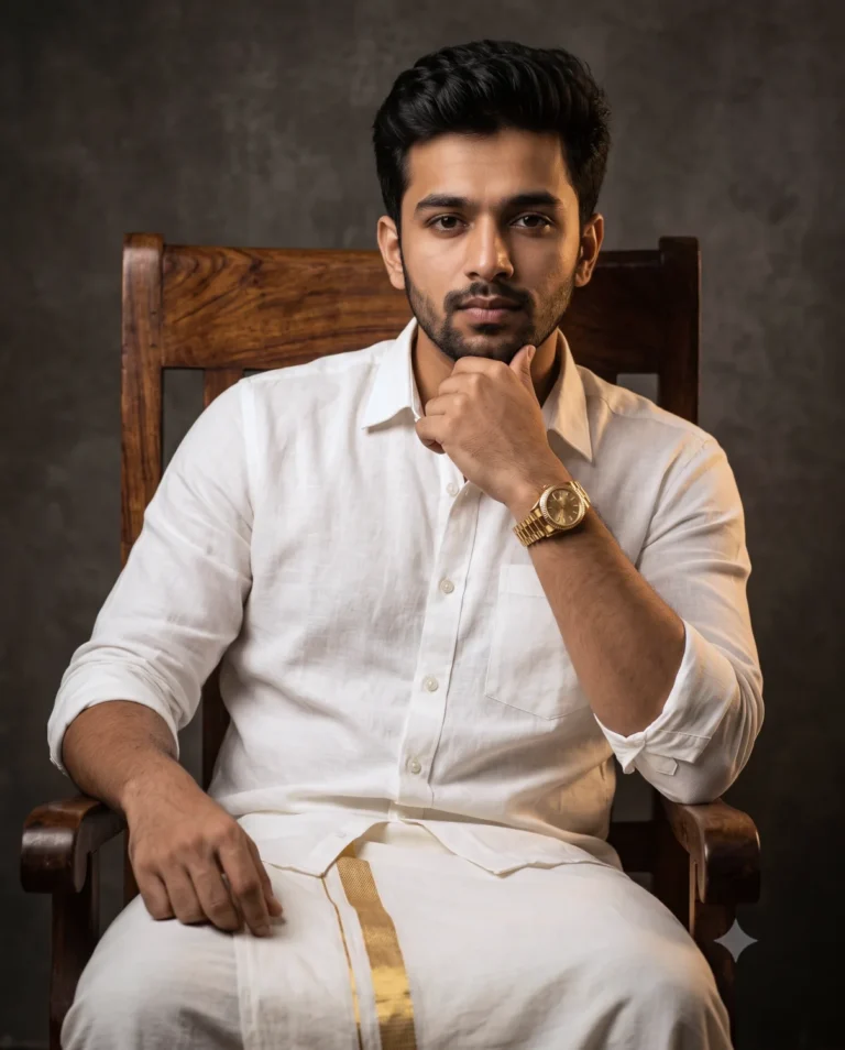 South Indian Man Portrait featuring a confident subject in a white shirt and golden-bordered dhoti against a dark grey wall.