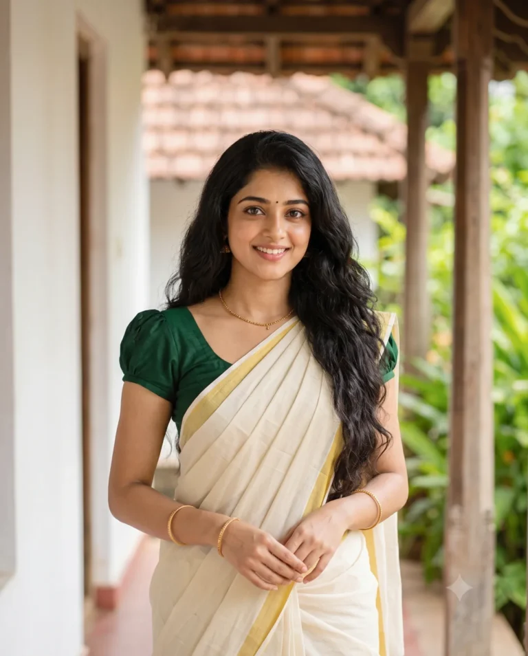 South Indian Gemini Prompt showcasing a smiling woman in a dark green blouse and cream cotton saree standing on a veranda.