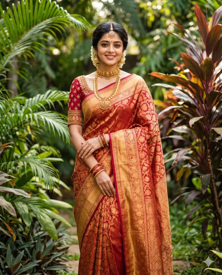 A cinematic bridal prompt generating a beautiful South Asian bride in a rich crimson Kanjeevaram silk saree.