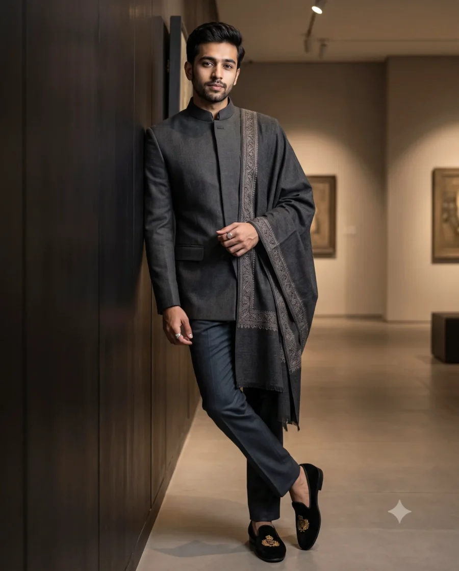 A stylish man photo prompt generating a South Asian male in a charcoal Bandhgala standing in an art gallery.