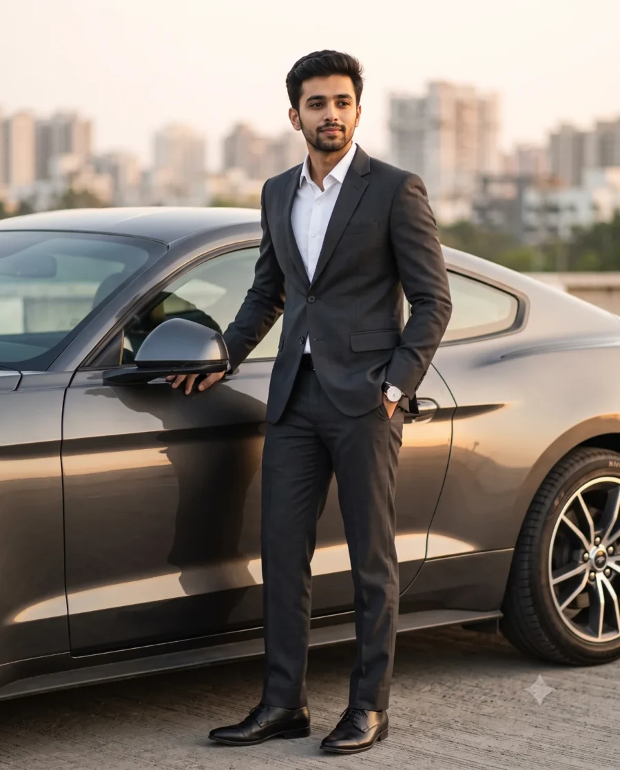 Automotive editorial portrait of a stylish man in a charcoal suit posing next to a blue modern Mustang at sunset.