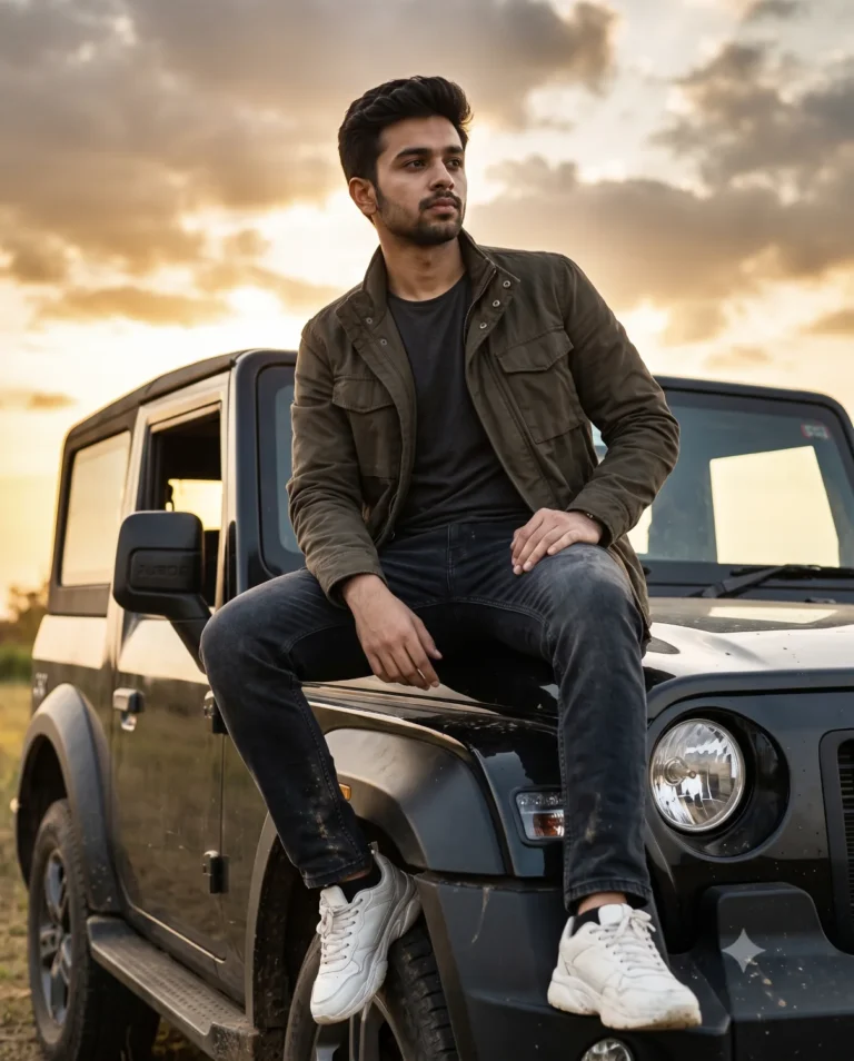 A visual generated by a man with car prompt showing a young male model sitting on a black SUV during a warm golden sunset.