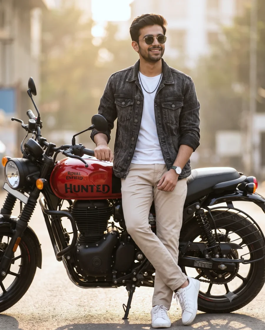 A high-quality stylish motorcycle portrait featuring a stylish man leaning against a red Royal Enfield at golden hour.
