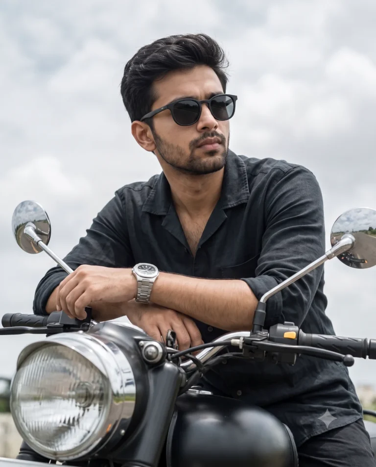 A cinematic Vintage Motorcycle Portrait of a well-groomed man leaning on handlebars under soft overcast daylight.
